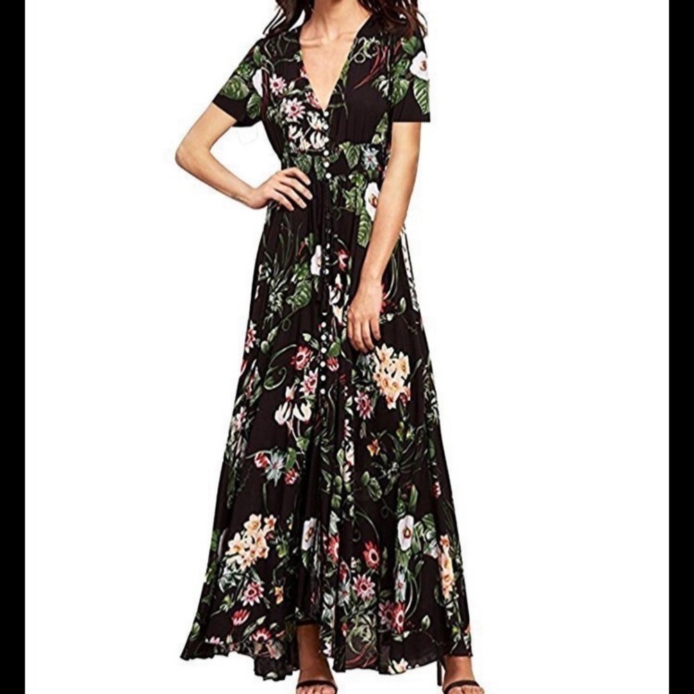 Floral Printed Button Up‎ Half Sleeve Split Flowy Party Long Dress Fall Dress M